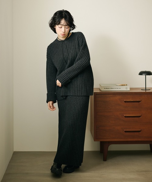 セットアップ wool wide lib knit set up /ウールワイドリブニット