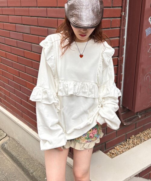 ドットフリルスウェット♡大人気 w closet（ダブルクローゼット） トレーナー スウェット 「リバイバル