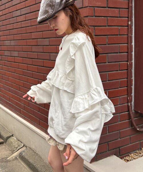 ドットフリルスウェット♡大人気 w closet（ダブルクローゼット） トレーナー スウェット 「リバイバル
