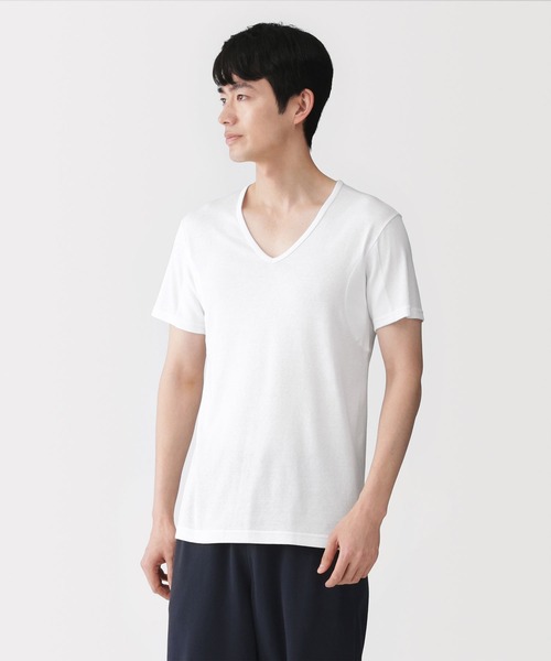 Vネック 半袖 Tシャツ ブラック 無印良品（MUJI） 紳士 さらっと綿 汗取りパッド付 Vネック半袖T