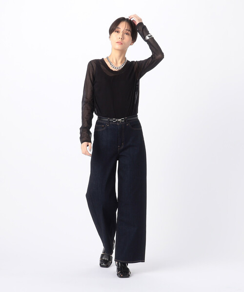 ワイドパンツ ジーンズ デニム デニムパンツ 中空ストレッチデニム ワイドデニムパンツ レディースの画像