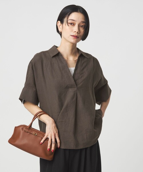 ブラウス シャツ リネン スキッパー ショートスリーブ シャツ レディースの画像