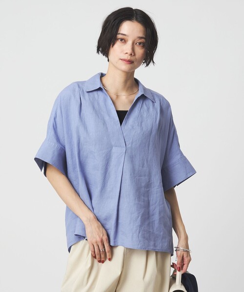 ブラウス シャツ リネン スキッパー ショートスリーブ シャツ レディースの画像