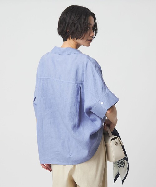 ブラウス シャツ リネン スキッパー ショートスリーブ シャツ レディースの画像