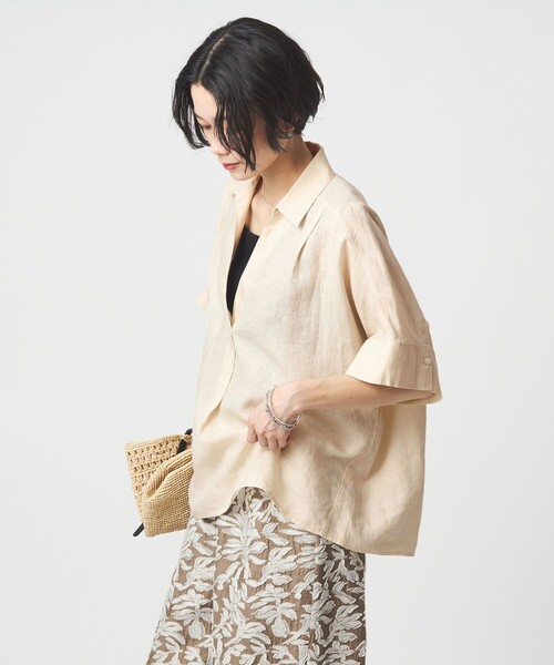 ブラウス シャツ リネン スキッパー ショートスリーブ シャツ レディースの画像