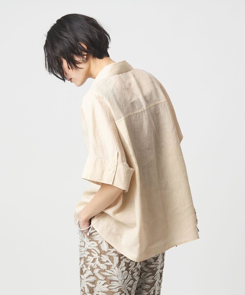 ブラウス シャツ リネン スキッパー ショートスリーブ シャツ レディースの画像