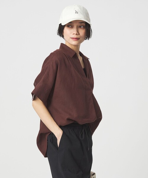 ブラウス シャツ リネン スキッパー ショートスリーブ シャツ レディースの画像