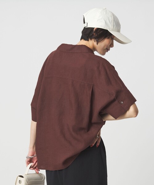 ブラウス シャツ リネン スキッパー ショートスリーブ シャツ レディースの画像