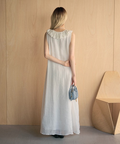 ワンピース ramie ruffle neck frill sleeveless long dress /ラミー
