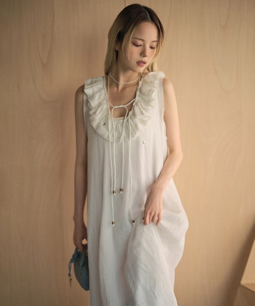 ワンピース ramie ruffle neck frill sleeveless long dress /ラミー