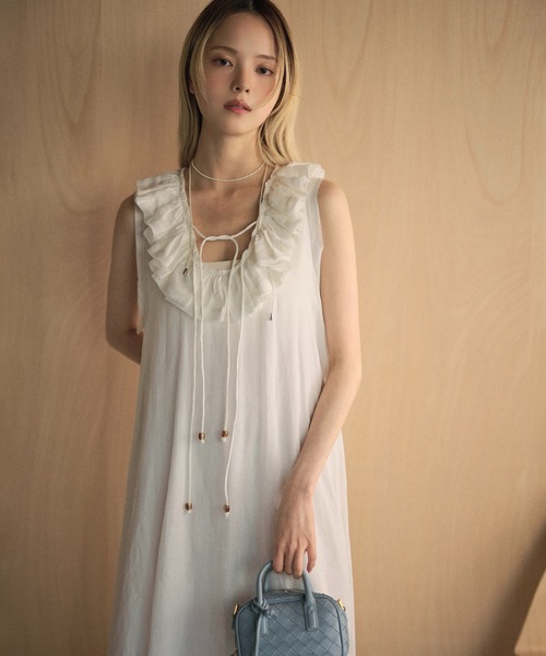 ワンピース ramie ruffle neck frill sleeveless long dress /ラミー