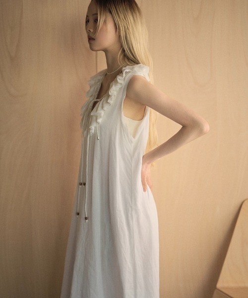 ワンピース ramie ruffle neck frill sleeveless long dress /ラミー