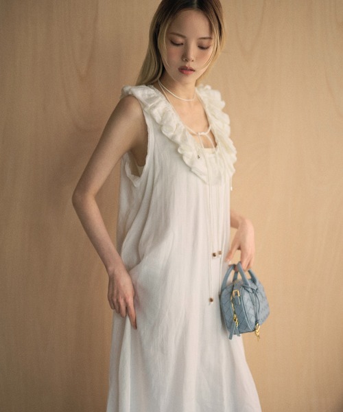 ワンピース ramie ruffle neck frill sleeveless long dress /ラミー