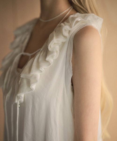 ワンピース ramie ruffle neck frill sleeveless long dress /ラミー