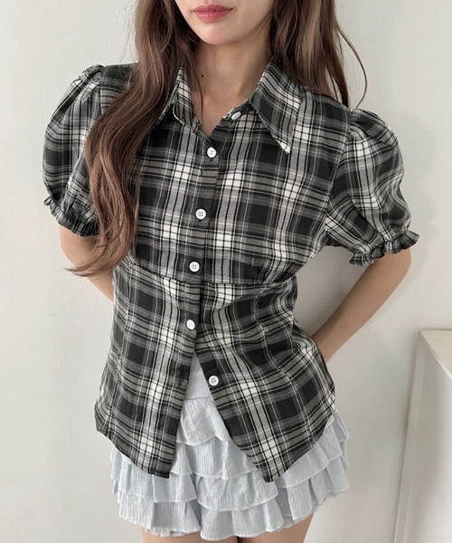 Loueme ブラウス シャツ 半袖 コルセットライクチェックシャツ
