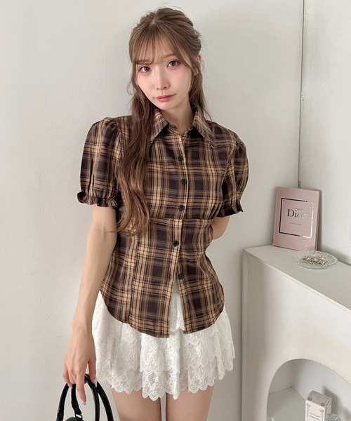 Loueme ブラウス シャツ 半袖 コルセットライクチェックシャツ