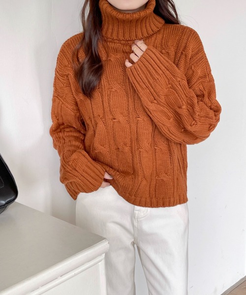 emi+ ニット レディース タートルネック ケーブルニットプルオーバー  