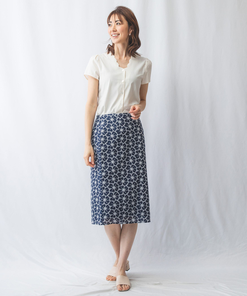 【NARACAMICIE】コットンストレッチスカラップネックブラウス NARACAMICIE】コットンストレッチスカラップネックブラウス(1(M
