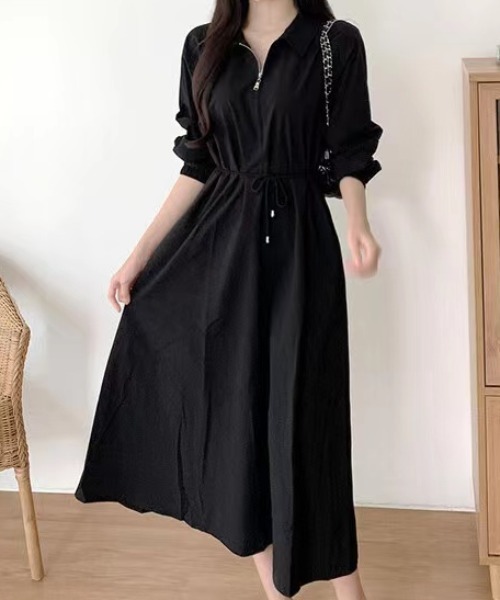 フロントジップ 襟付き ワンピース 半袖 Aライン 無地 シンプル S~XL♡襟付きフロントジップミニワンピース | Pay ID