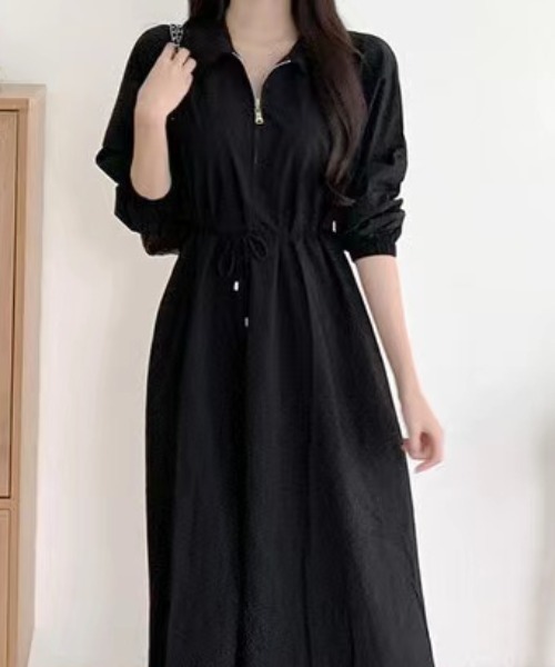 ジッパー付きVネック 折り襟 半袖 ミディ Aライン ワンピース Amazon.co.jp: [Chubikime] ワンピース レディース