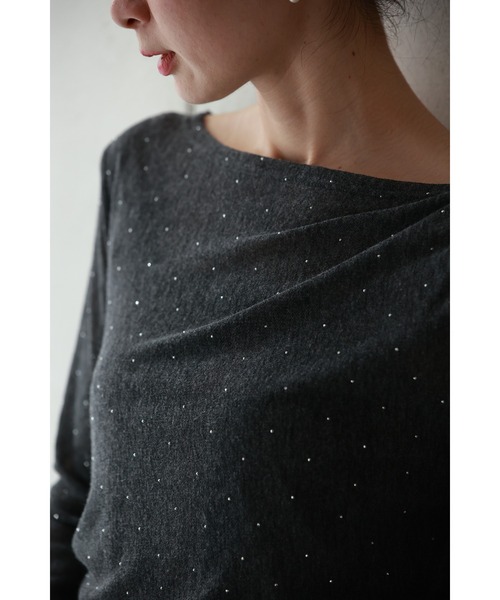 tシャツ ラインストーン煌めくドレープの薄手カットソートップス レディース