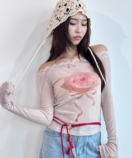 tシャツ 「scent of roses」レースオフショルダーインナーTシャツ レディース