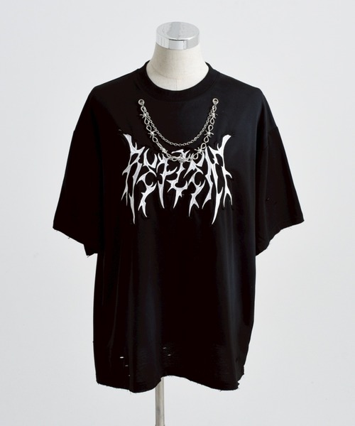 REFLEM【レフレム】チェーン付き顔料加工スウェット半袖Tシャツ　ブラック REFLEM【レフレム】チェーン付き顔料加工スウェット半袖Tシャツ
