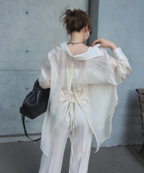 ブラウス シャツ back open cut sheer shirt /バックオープンカット