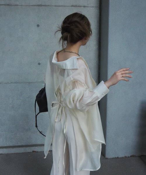 シャツ+ブラウス(長袖+七分) embroidered collar sheer shirt blouse ブラウス シャツ back open cut sheer shirt /バックオープンカット
