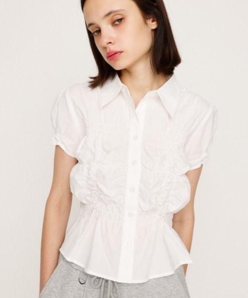 ブラウス シャツ RANDOM SHIRRING S/SLEEVE TOPS ランダム シャーリング ショートスリーブ トップス 半袖 夏服 レディー