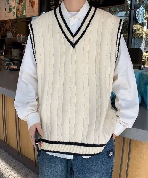 ベスト ジレ ケーブルラインルーズニットベスト メンズ レディース