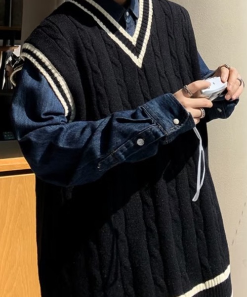 ベスト ジレ ケーブルラインルーズニットベスト メンズ レディース