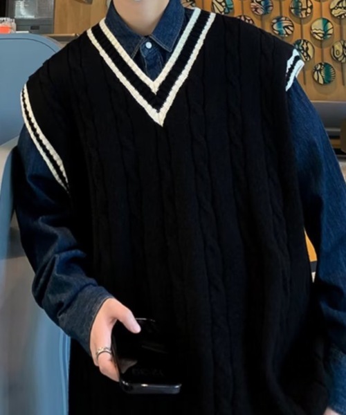 ベスト ジレ ケーブルラインルーズニットベスト メンズ レディース