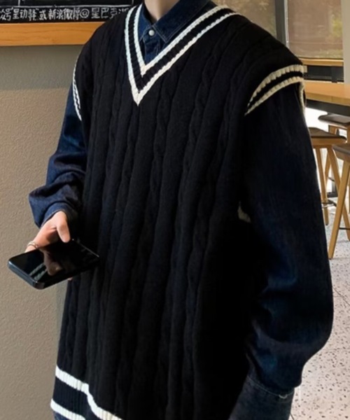 ベスト ジレ ケーブルラインルーズニットベスト メンズ レディース