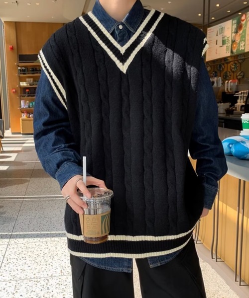 ベスト ジレ ケーブルラインルーズニットベスト メンズ レディース