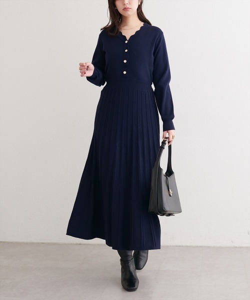 natural couture ワンピース スカラッププリーツニットワンピース