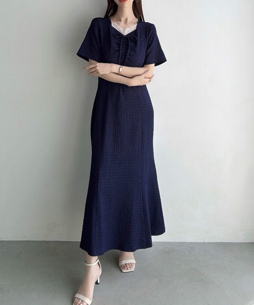 Meiru ワンピース 半袖 ストレッチジャガードフロントレースギャザー