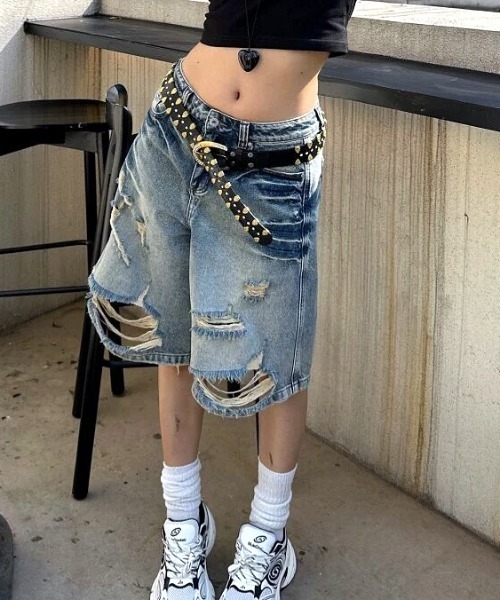「SHEENA」 デニムハーフパンツ L ライトブルー レディース_画像4