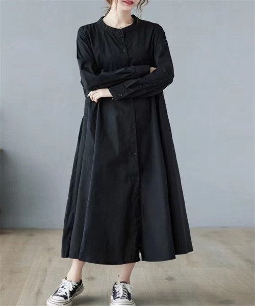 プープレ　ロングシャツワンピース　Ａライン　FREEsize Dream garden シャツワンピース スタンドカラーフレアAライン