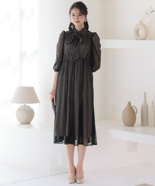 PourVous（プールヴー） ドレス ミモレ丈＆七分袖フォーマルボータイ