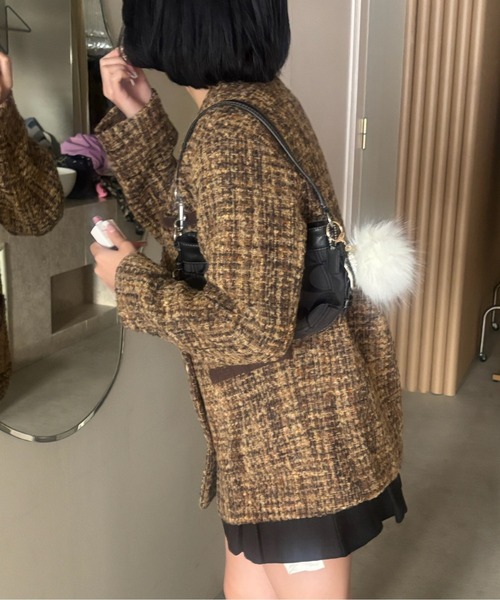 ジャケット ノーカラージャケット ミドル丈 ノーカラー ツイード