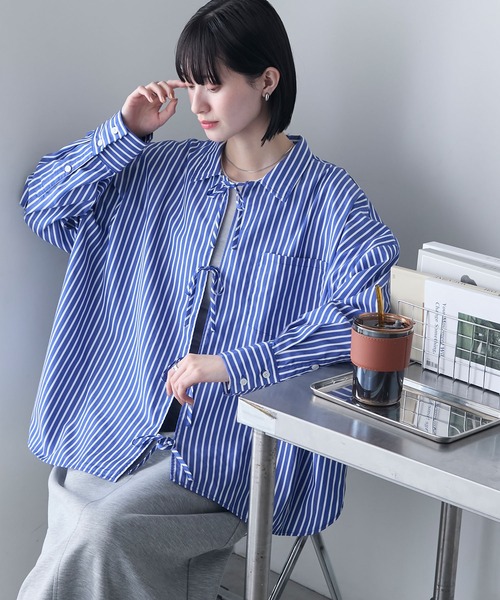 ストライプ リボン付き オーバーサイズシャツ forksy.（フォルクシー） ブラウス シャツ 「forksy.」「セットアップ
