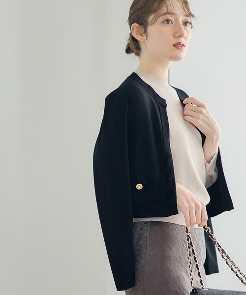 カーディガン 「UVカット」クルーネッククロップドジャケット風ニットカーディガン レディース
