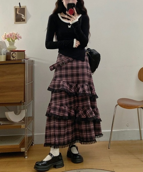 ヨーロッパヴィンテージ 星屑柄 ティアードサーキュラースカート gossip!ロサンゼルス ロング スカート Y2Kヴィンテージ風 チェック柄