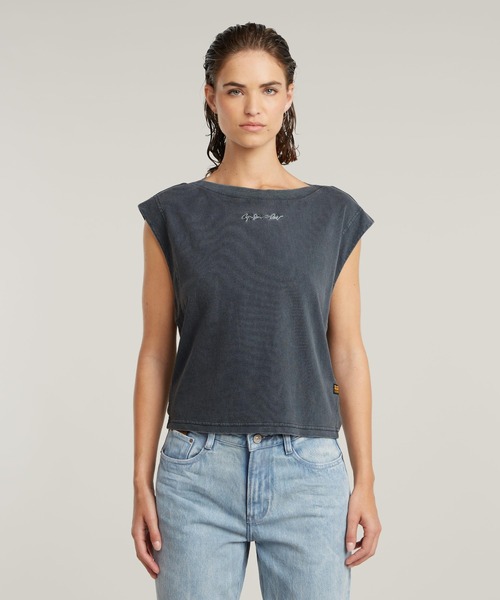 tシャツ MINI G-SCRIPT LOGO OVERDYED TOP/ブランドロゴオーバーダイスリーブレスTシャツ レディース
