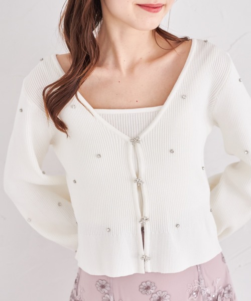 tocco closet カーディガン ビジュー×リボン釦付きリブニット