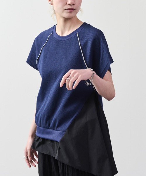 tシャツ ワッフルアームホール配色アシメヘムトップス レディース