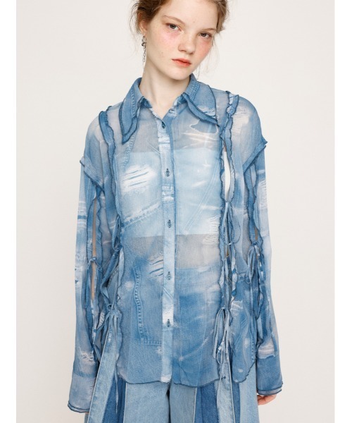 ブラウス シャツ CUTOUT SHEER RIBBON SH シアー デニム プリント シャツ レディース