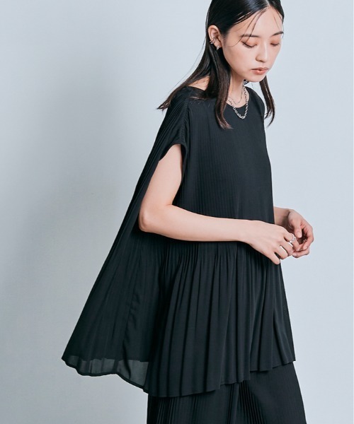 ブラウス シャツ シフォン プリーツ ノースリーブ トップス レディース