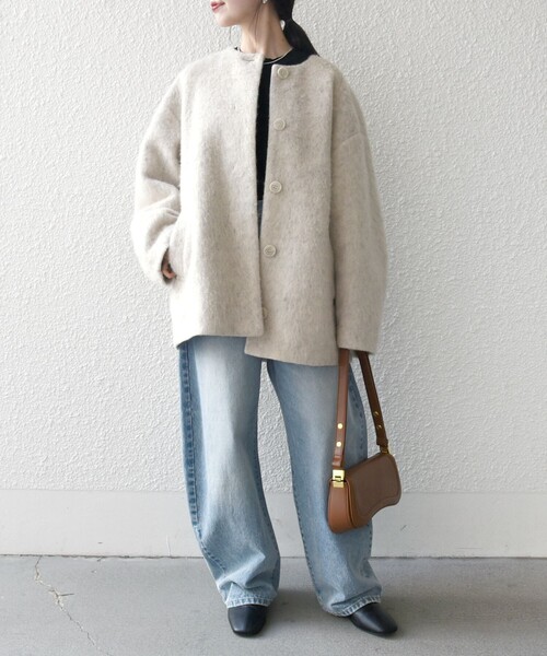 ships any ウールミックスシャギーノーカラーコクーンコートシップス